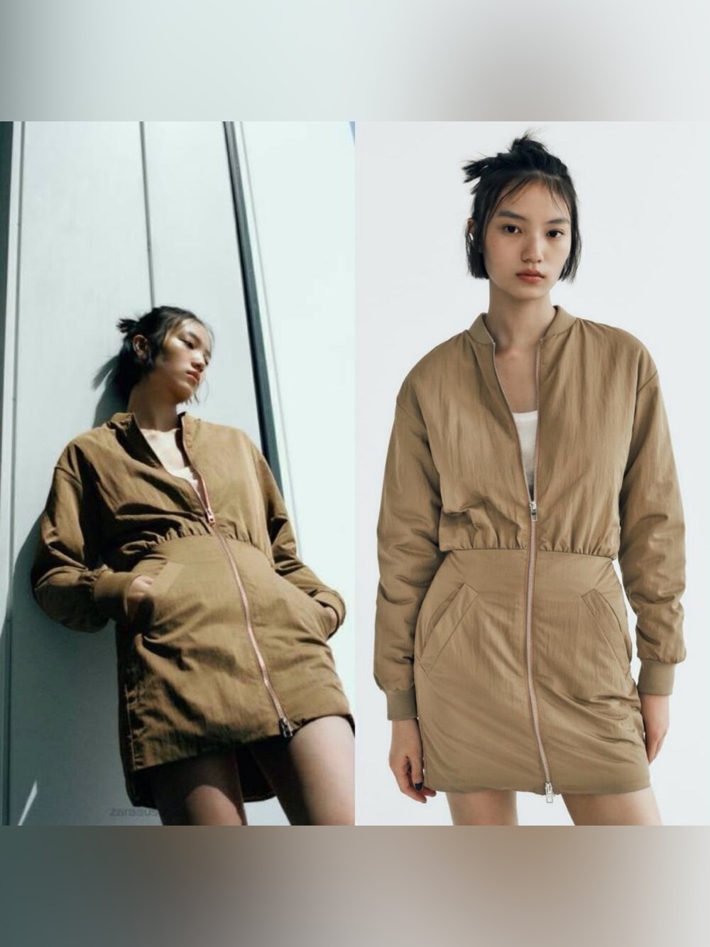 Zara Women’s Bomber Mini Dress Synched Waist Olive Green Size XS